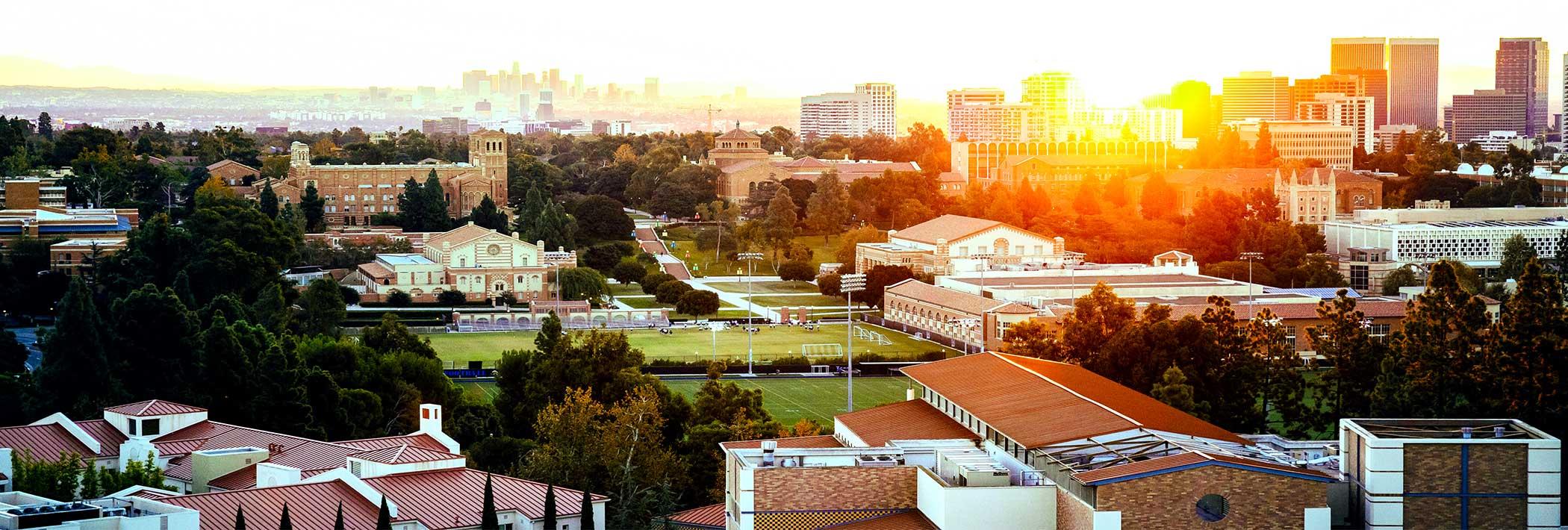 The sun rises over UCLA's beautiful campus and residential buildings.