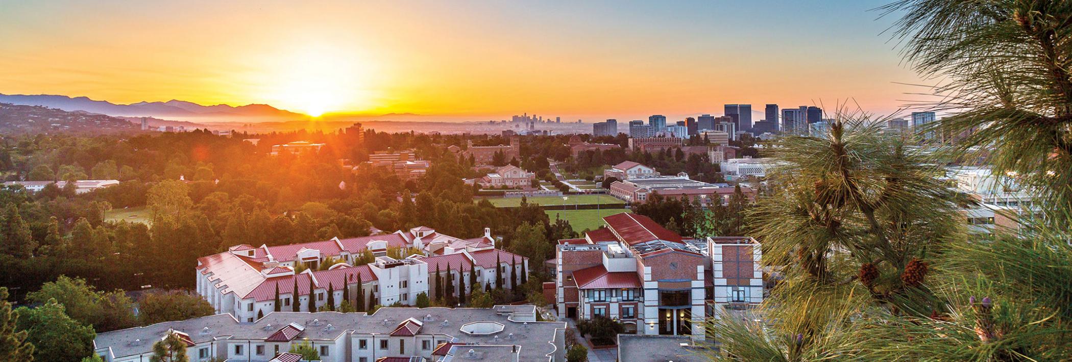 An amazing sunrise illuminates the UCLA campus - view from the highest floor of Hedrick Hall