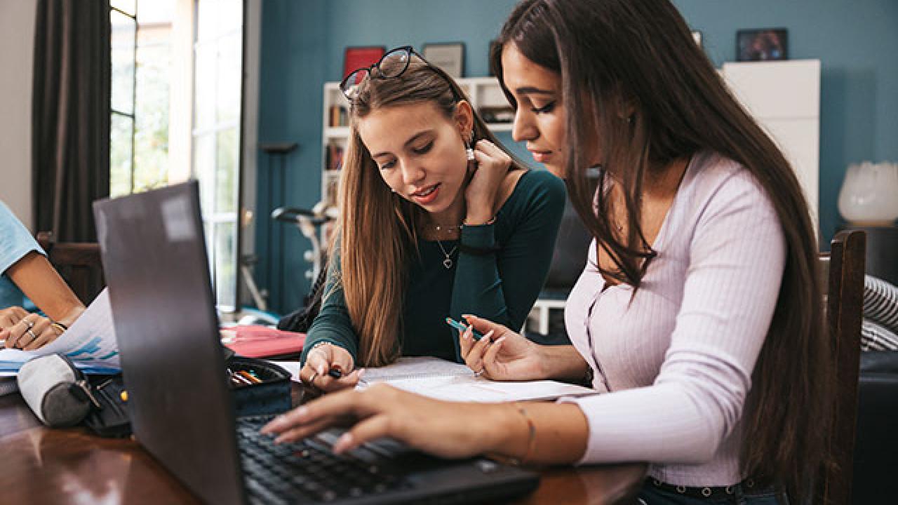two future bruins work on their housing application on a laptop